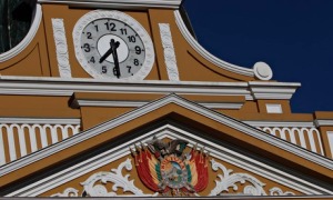 Re-engineered clock on Congress Bldg, La Paz, Bolivia